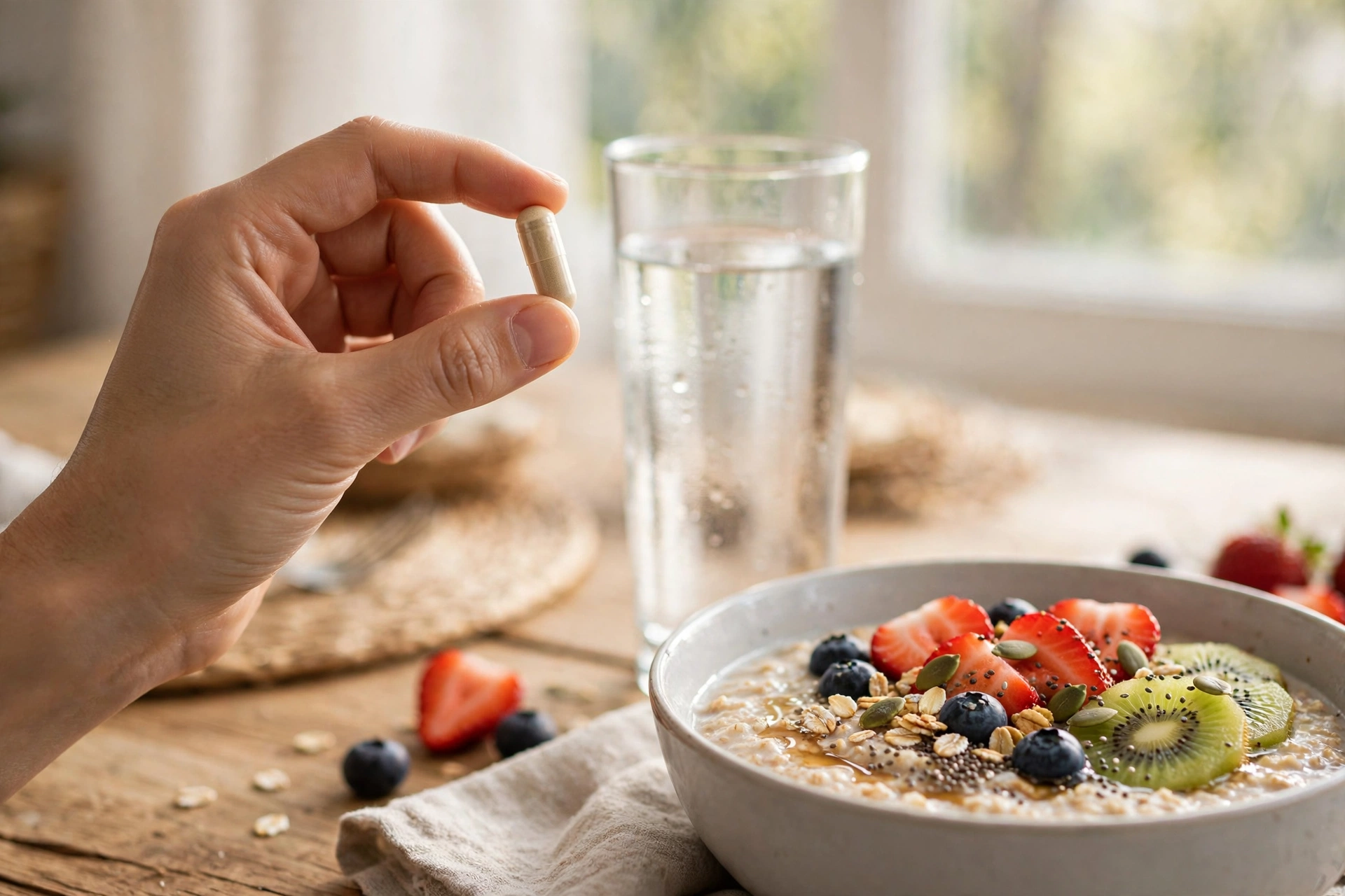 Trimalyn-kapsel med ett glas vatten till frukost